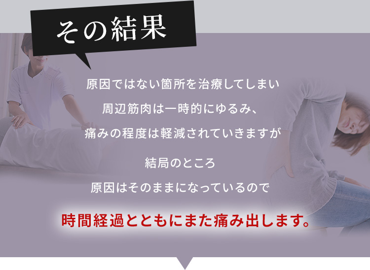 その結果、原因ではない箇所を治療してしまい周辺筋肉は一時的にゆるみ、痛みの程度は軽減されていきますが結局のところ原因はそのままになっているので時間経過とともにまた痛み出します。